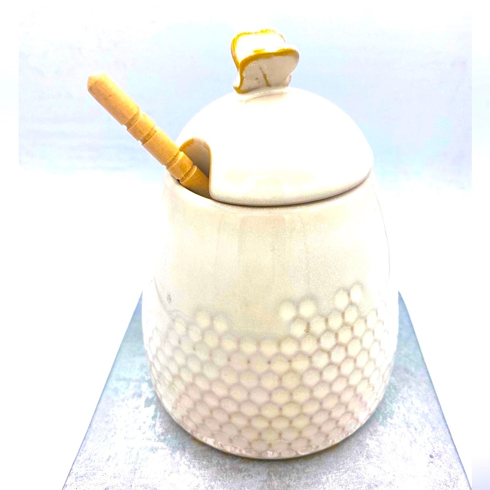 Two's Company Bee Honeycomb Pattern White Ceramic Honey Jar With Lid And Dipper